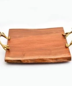 WOOD TRAY W/ GILDED ANTLER HANDLE