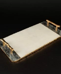 WHITE & GREY MARBLE TRAY W/ HANDLES