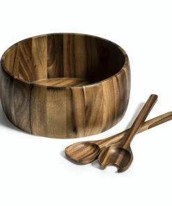 LARGE ACACIA WOOD SALAD BOWL W/ SERVERS