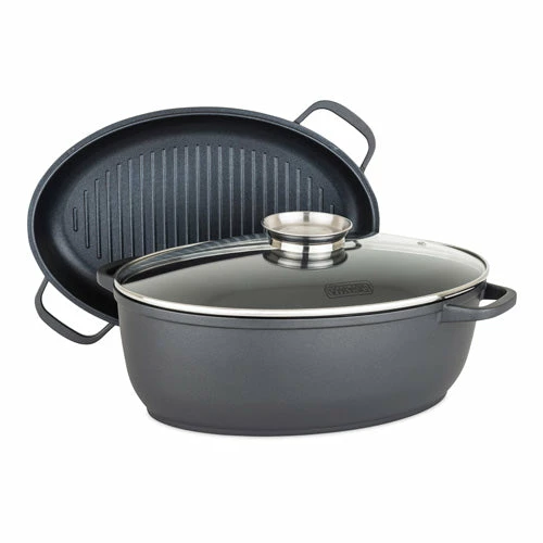 VIKING 8.6 QT DIE CAST OVAL ROASTER W/ GLASS BASTING LID 1 VIKING 8.6 QT DIE CAST OVAL ROASTER W/ GLASS BASTING LID