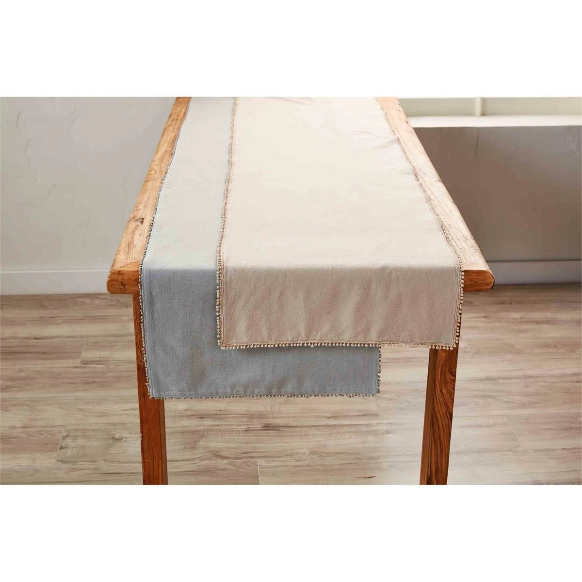 KHAKI POM POM TRIM TABLE RUNNER 1 KHAKI POM POM TRIM TABLE RUNNER