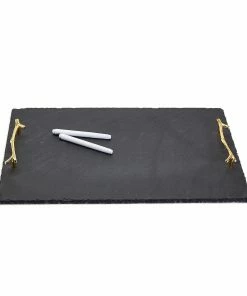 SLATE TRAY W/ GOLD TWIG HANDLES AND TWO CHALK PENS Disc