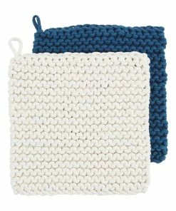 WHITE AND BLUE CROCHET POT HOLDER SET